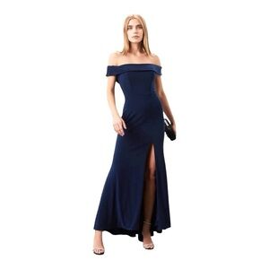 Faviana Off The Shoulder Gown Maxi Evening Dress in Navy Blue Size 10